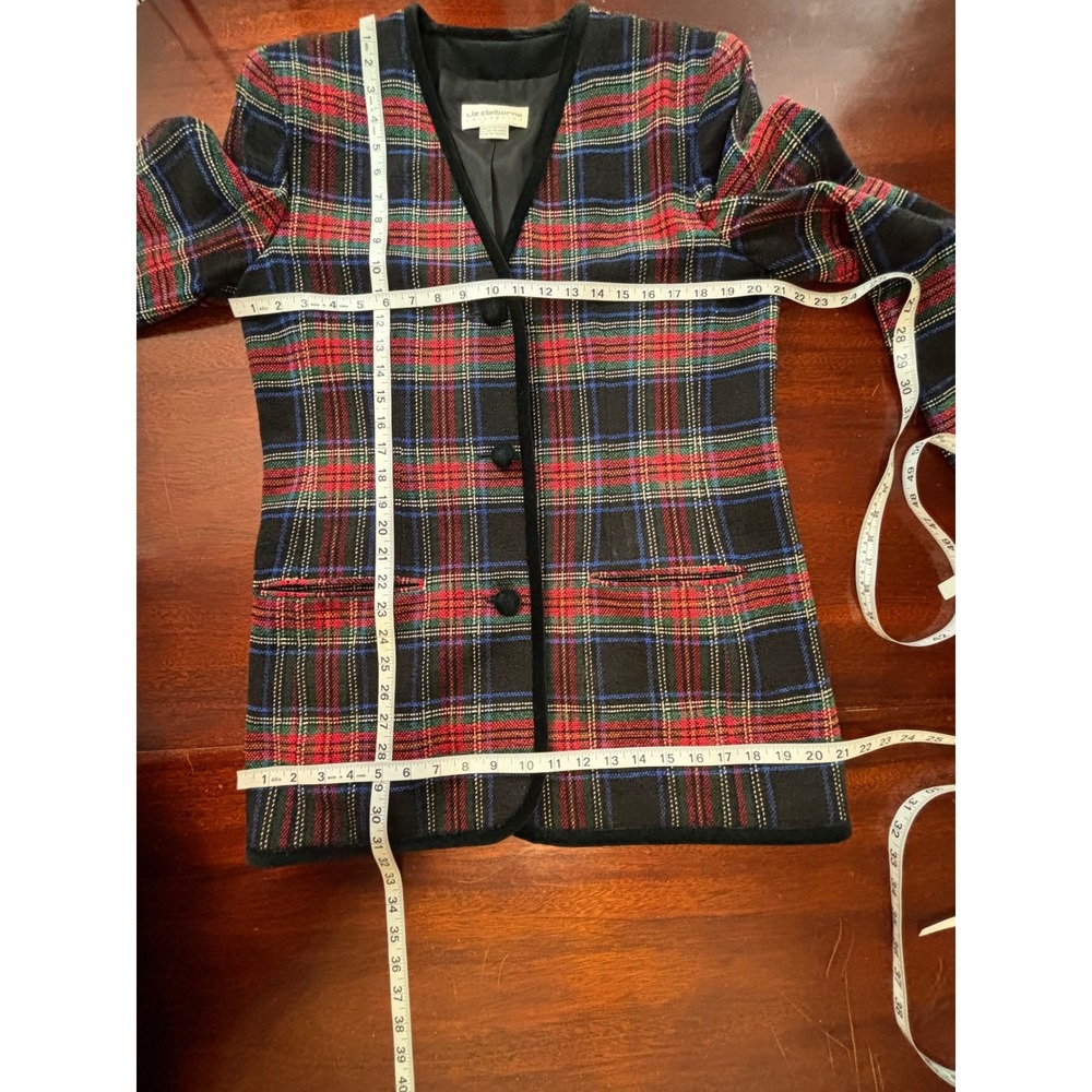 Liz Claiborne Womens Plaid Velvet Trim Blazer Jacket 12 VTG 90s Holiday Career - Picture 5 of 7